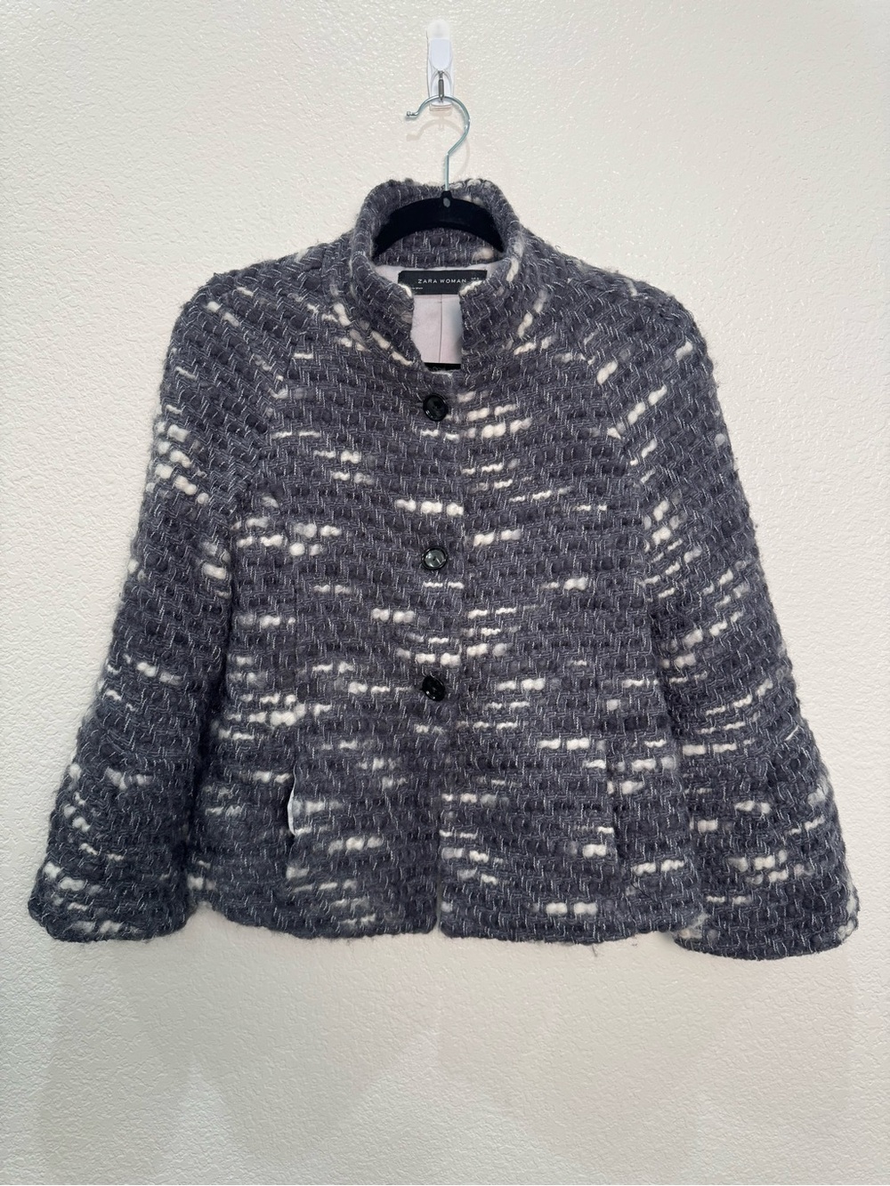 Zara Woman Small Gray Wool Boucle Tweed Jacket Blazer Made Spain 63% Wool